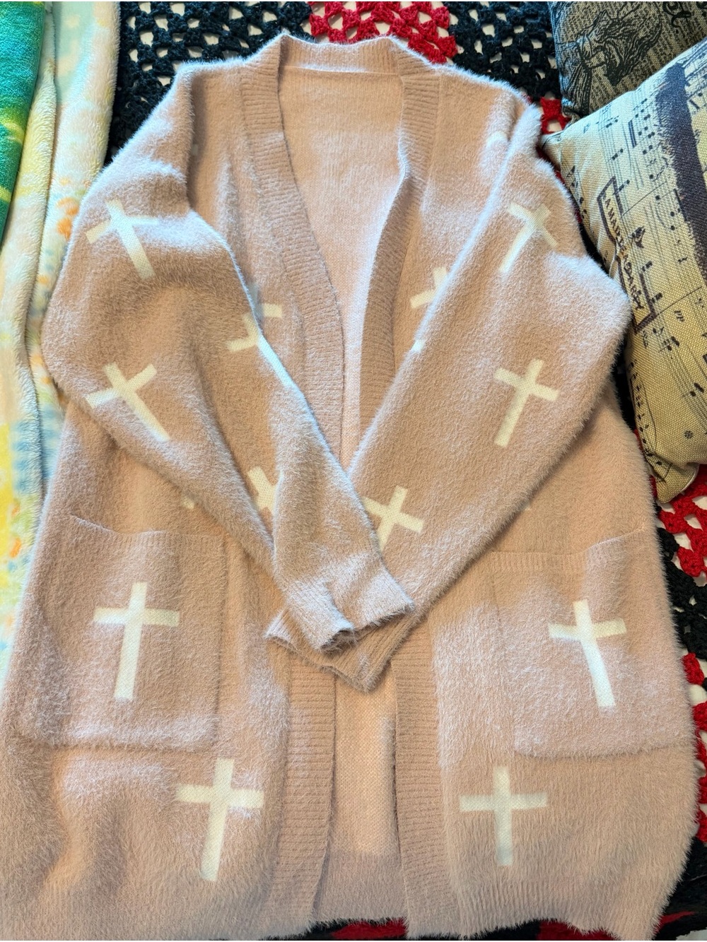 Soft Pink Cross Pattern Cozy Cardigan